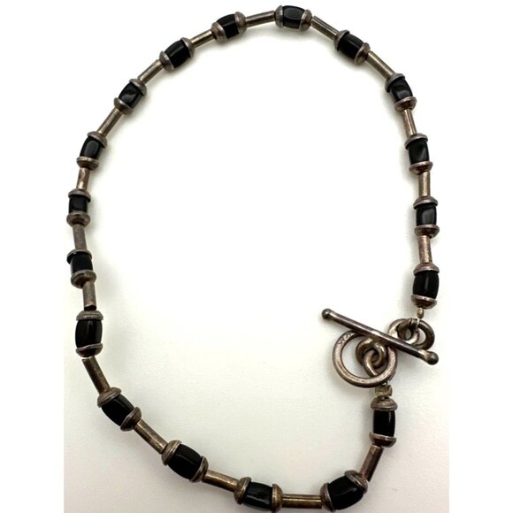 Minimalist Sterling Silver Black Onyx Ankle Bracelet 925 Beaded Toggle Boho Vtg - Picture 2 of 8